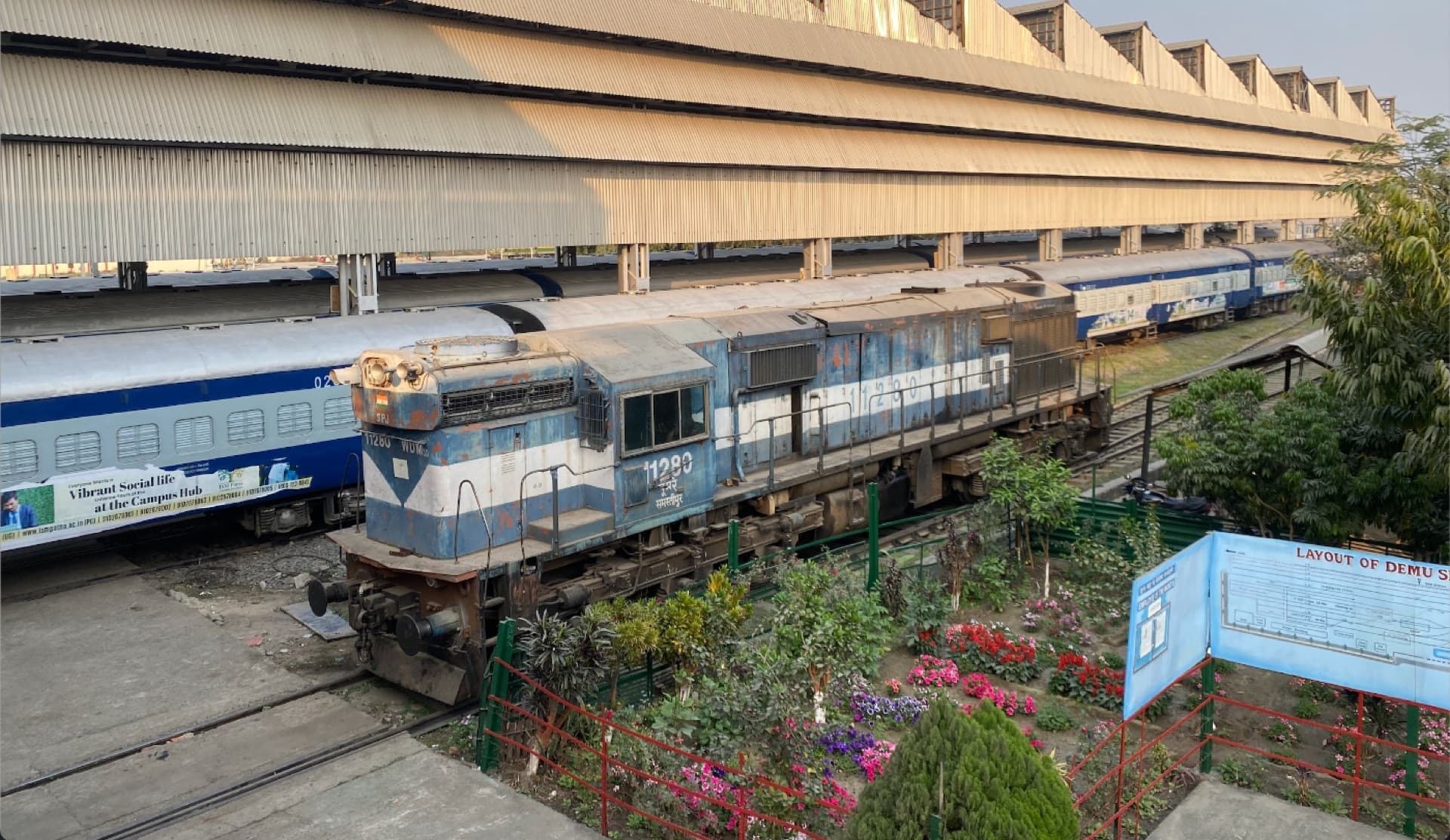 Diesel-electric multiple unit rake at a maintenance shed